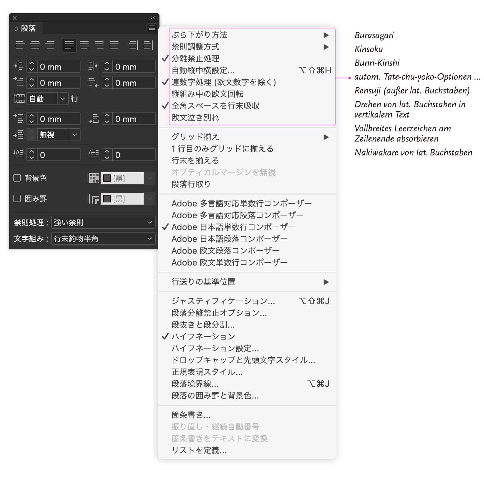 Absatzpalette-Optionen in InDesign Japanisch